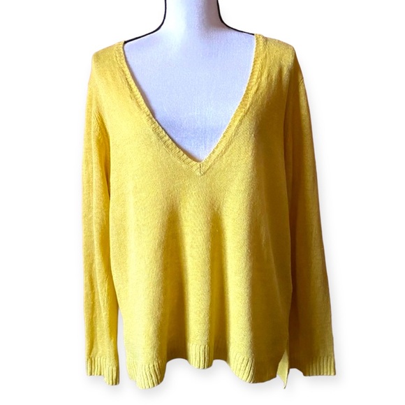 Eileen Fisher Organic Linen Yellow Knit Sweater Top Deep V Neck Top Plus Size 3X - Picture 2 of 12